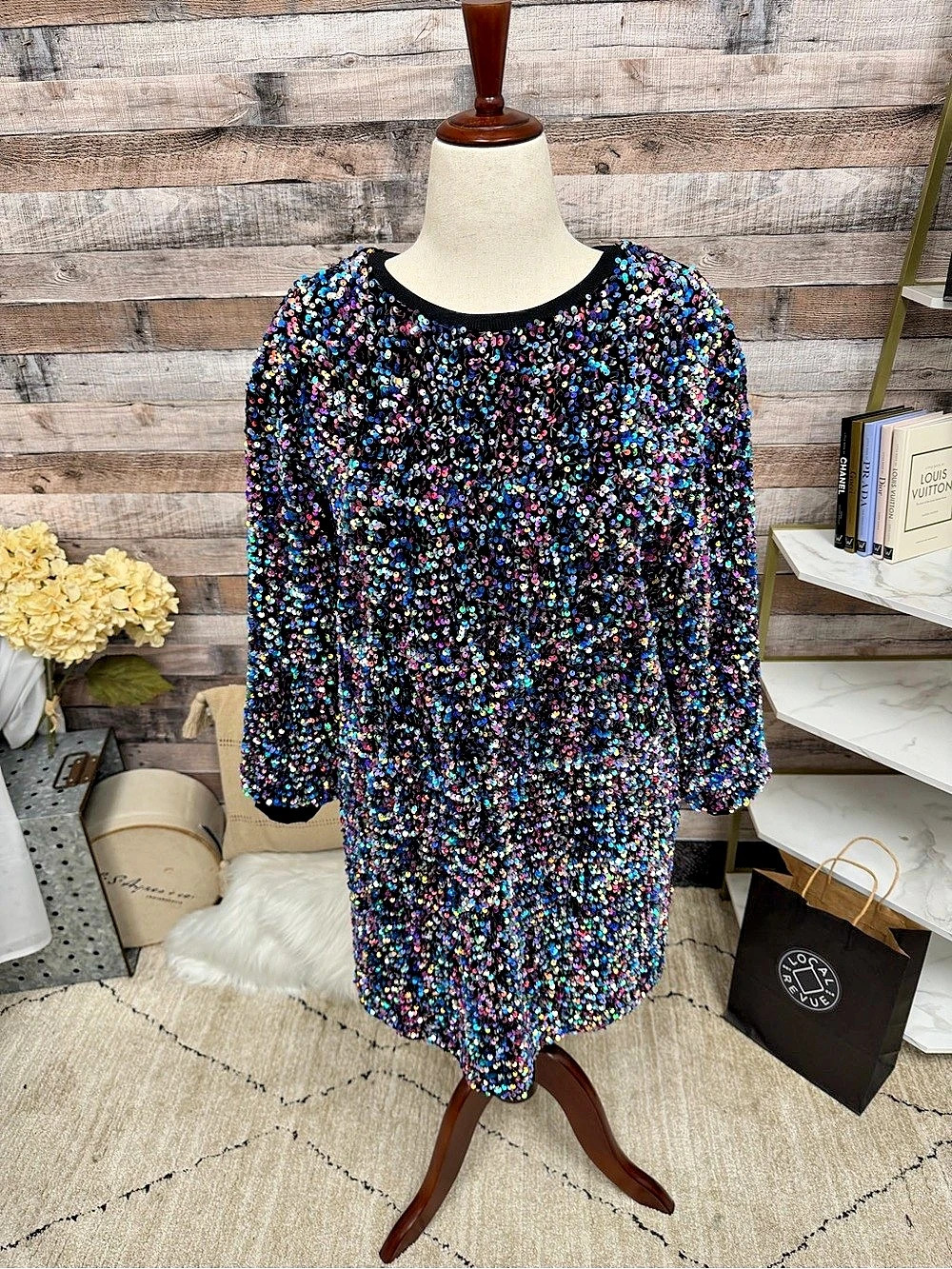 ANTHROPOLOGIE Iridescent Sequin 3/4 Sleeve Shift Dress